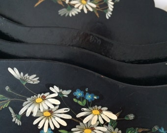 Napoleon III Black Wood box daisy flowers Vintage France