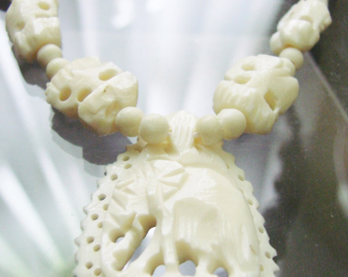 Vintage Hand Carved Bone Elephant Pendant Necklace / Intricate & Delicate Carving / Jewelry / Jewellery