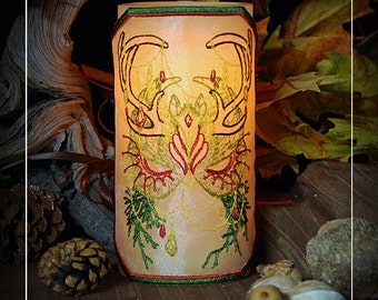 Autumn Woodland Spirit Mask Embroidered Candle Wrap For LED Flameless Pillar Candles.