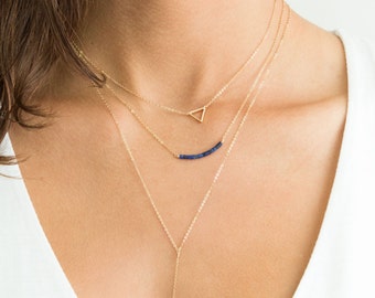 Dainty Layered Necklaces w/ Triange, Bar Drop Y Necklace & Gemstone Bead Bar in Gold Fill, Sterling Silver / Set of 3, layeredandlong, LS946