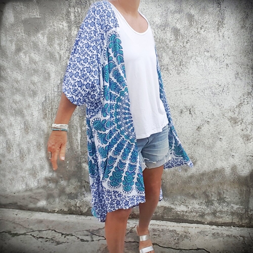 Beach Cover Up Boho Kimono Long Flowy Blue & Turquoise