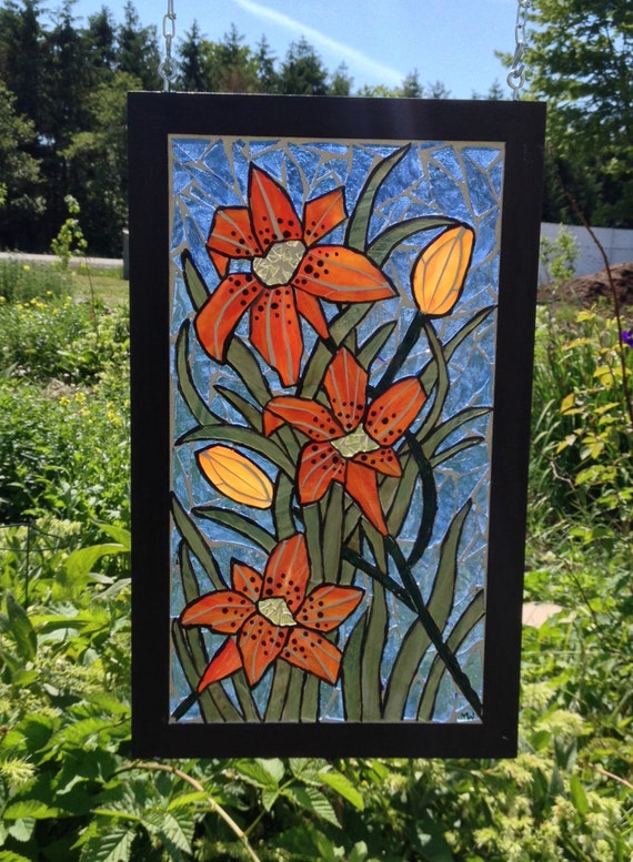 Stained Glass Tiger Lily Mosaic Panel Orange Tiger Lily