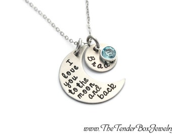 personalized necklace I love you to the moon and back hand stamped moon and name pendant necklace XFBCX