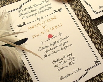 Australian Art Deco Wedding Invitation Set (6 pieces), Great Gatsby Australian wedding, black and gold invitation, Galah Waratah & Gum Tree