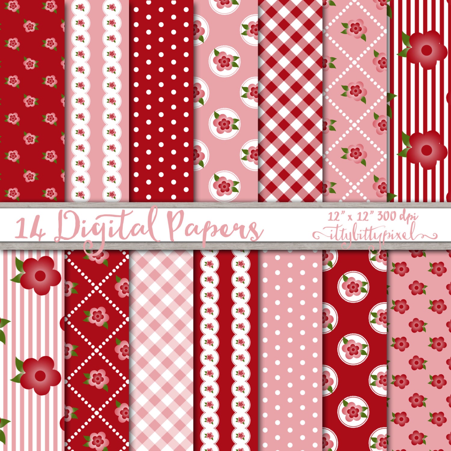 Download Red Pink Shabby Chic Scrapbook Paper Digital Shabby Chic ...