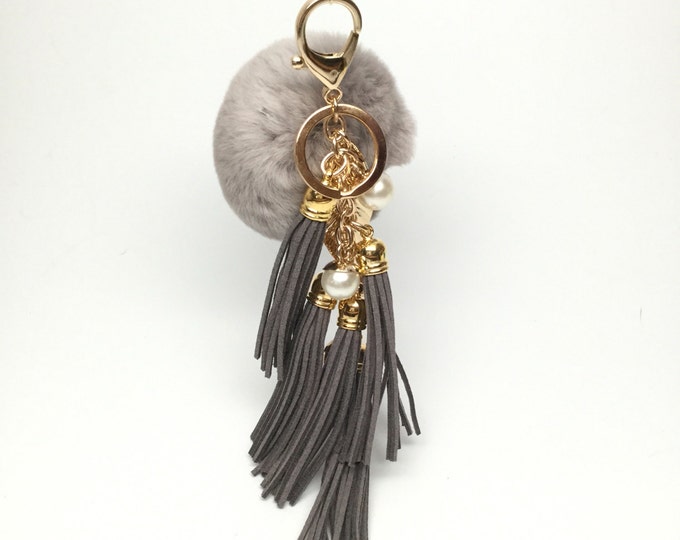 Genuine rex rabbit charm fur ball pom pom bag tassel keychain in grey with tassel elements charms pearl leaf heart