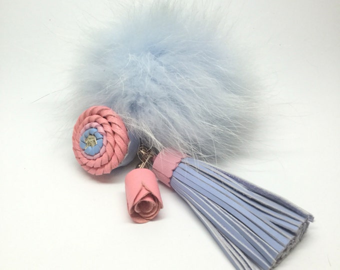 Baby Blue Princess Raccoon Fur Pom Pom luxury bag pendant + 3 tassel real leather creation piece charm keychain