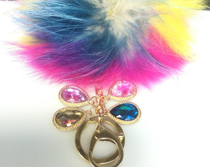 NEW Tropical Swirl™ Crystals Multi Color Raccoon Fur Pom Pom bag charm clover flower charm keychain piece no.409