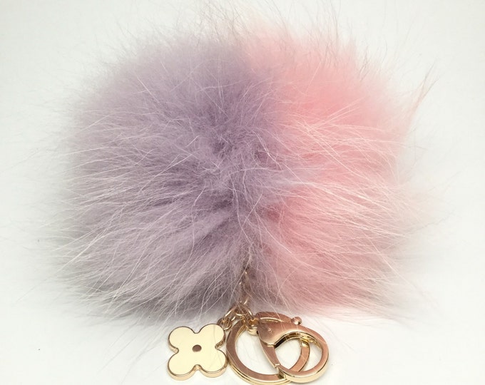 Grand Duo Lavender/Pale pink Raccoon Fur Pom Pom luxury bag pendant flower clover charm keychain bag charm