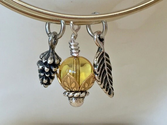 Fallin' for Fall Adjustable Bangle with Light Topaz Crystal, Leaf & Pinecone Charms