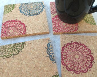 Multicolor Mandala Coaster Set, 4pc thick cork coaster set, handstamped natural absorbent cork