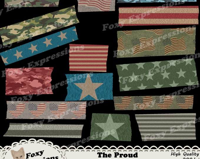 The Proud Washi Tape pack comes in shades of red, white, blue and green. Patterns include stars, stripes, flags, hearts, & camo on burlap