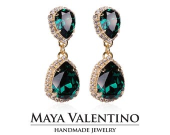 Emerald earrings, Chandelier earrings, 14K Gold earrings, Prom jewelry, Bridesmaid gift, Gift for her, Fancy Stone earrings, Prom earring.