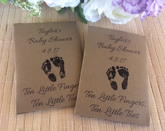Seed Packet Favors, baby footprint, baby feet, baby footprint favors, kraft baby shower favors, footprints in the sand, footprints