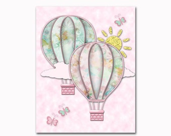 Pink mint hot air balloons nursery art nursery wall decor baby girl room decoration playroom artwork toddler poster shower newborn gift