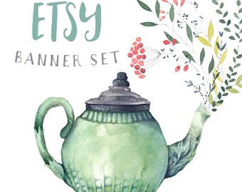 Etsy shop banner set teapot flowers new size cover photo image modern watercolor graphics teal pink large and small banner