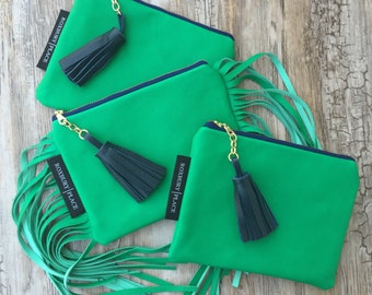 Leather Bag, Green Leather Handbag, Leather Fringe Purse, Leather Fringe Clutch, Leather Zip Pouch, Boho Fringe Bag, Tassel Clutch