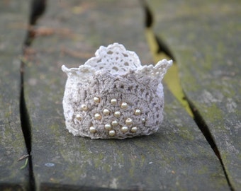 Romantic Lace Wrist Cuff, Textile Bracelet, Handmade Bracelet, Boho Bracelet, fabric cuff bracelet, vintage buttons, tasseled boho cuff