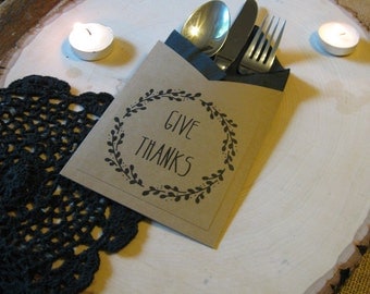 Give Thanks Utensil Holders ~ Fall Fork, Knife, Spoon Holders ~ Silverware Holders ~ Napkin Holders ~ Thanksgiving Tablescape Fall Decor