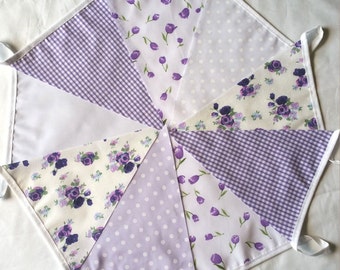 9ft / 2.75m Vintage Purple Floral Gingham Mix Bunting Pennant Garland: Shabby Chic Unisex Christening Weddings Fetes All Party Occasions