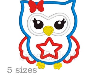 Owl applique design, patriotic applique design, 4th july applique design