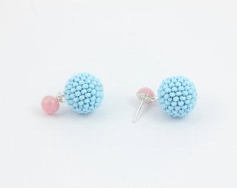 Pink and Blue Earrings, Seed Bead Earrings with Handcrafted Beaded Beads and Vintage Cabochons by Detail London.