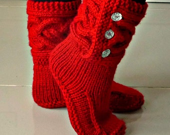 Womens Red Hand Knitted Slipper Boots Cable by twinklesparkleknits