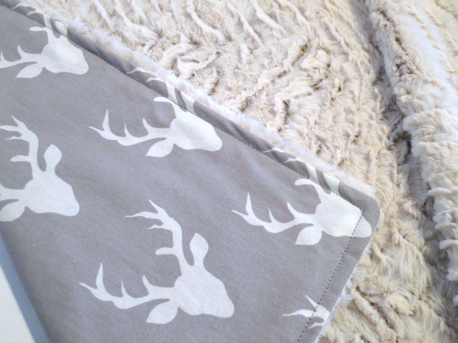 Minky Baby Blanket Deer/Stag Head Grey and White/Cream