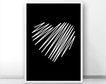 Heart Wall Art Print, Black And White Print, Digital Download Art, Heart Wall Art Printable, Digital Art, Home Decor Art, Modern Art Print