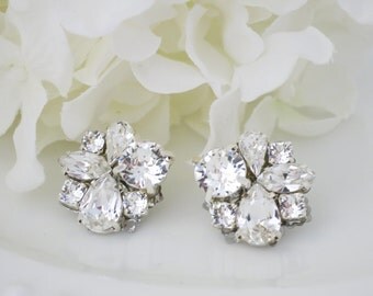 Asymmetrical rhinestone post earrings, Swarovski wedding earrings, Crystal bridal earrings