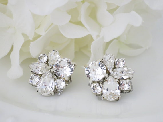 Crystal cluster earrings Asymmetrical rhinestone stud wedding
