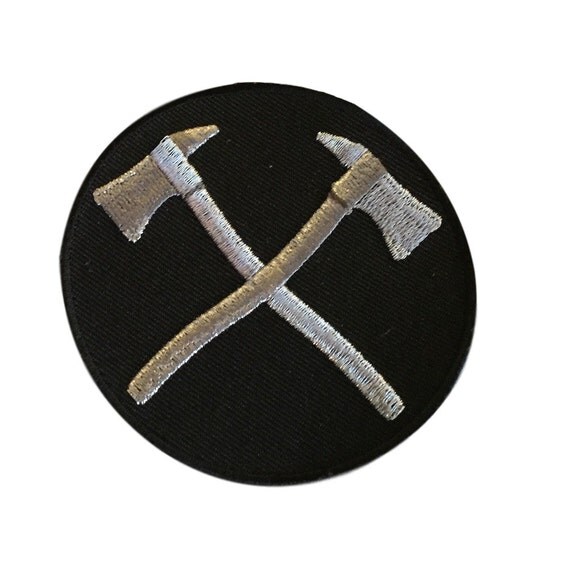 Crossed Axes FIREFIGHTER Embroidered Silver on Black 3 Inches