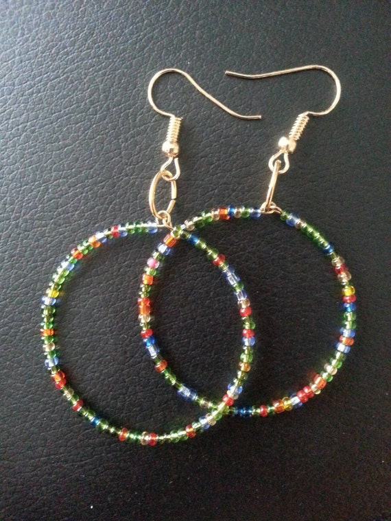 Colorful Seed Bead Hoop Earrings. 18k gold plated hoop