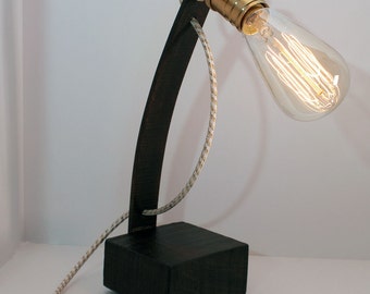 Minimal Edison, small edison lamp, desk lamp, table lamp, edison bulb, fabric wire, reclaimed wood lamp, vintage lamp, lighting, for him