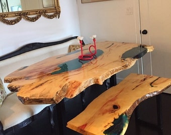 SOLD**Incredible Spalted Box Elder Live Edge Slab Dining Table with Custom Turquoise Epoxy(Custom order for Dorota)