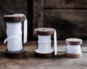 FEATHERED SILK RIBBON in 'Porcelain White' - 5 metres of handmade, 100% Silk Georgette ribbon on handcrafted wooden spool
