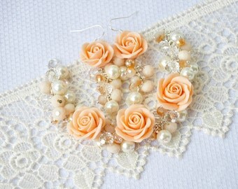 Bijouterie set “Tender Love”. Earrings and bracelet with pink roses made of polymer clay.