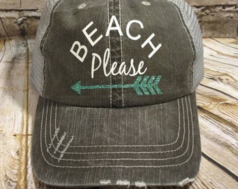 Beach hat, Personalized Trucker Hat, monogrammed hat, vinyl monogram, distressed trucker hat, monogrammed trucker hat, beach please