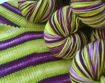 Hand dyed self striping merino sock yarn - Glow Away