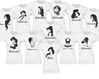 Customized Hen party Disney princesses inspired t-shirts. Princesses and text will be made from black glitter.
