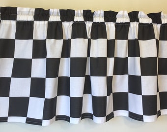 42" x 15" Window Curtain Valance/ Nascar Black White Checkered Flag fabric/ Retro Diner Black and White Checked