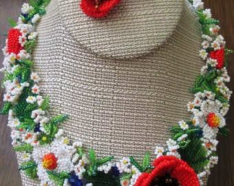 Ukrainian jewelry. Ukraine. Ukrainian necklace. Summer flowers. Unique necklaces for women. Poppies. Beaded necklace