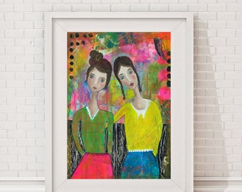 Archival art print "Friendship" Mixed Media Collage, female portrait, girls, modern art, figurative, reproduction of original painting,