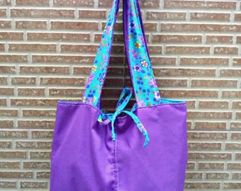 Reversible shoulder bag, purple and turquoise, Fabric totebag, Teacher gift, Drill cotton bag with print handles, two handle sac tissu