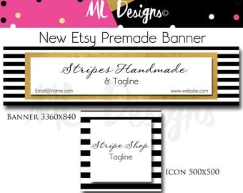 New Pre-made Size Etsy Shop Banner& Icon Stripe Chic Gold