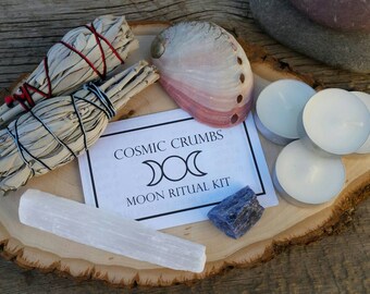 Deluxe Moon Ritual Kit - Comes with Moon Phase Guide, White Sage, Candles, Selenite Wand, Abalone Shell, Healing Crystal - Energy Cleansing