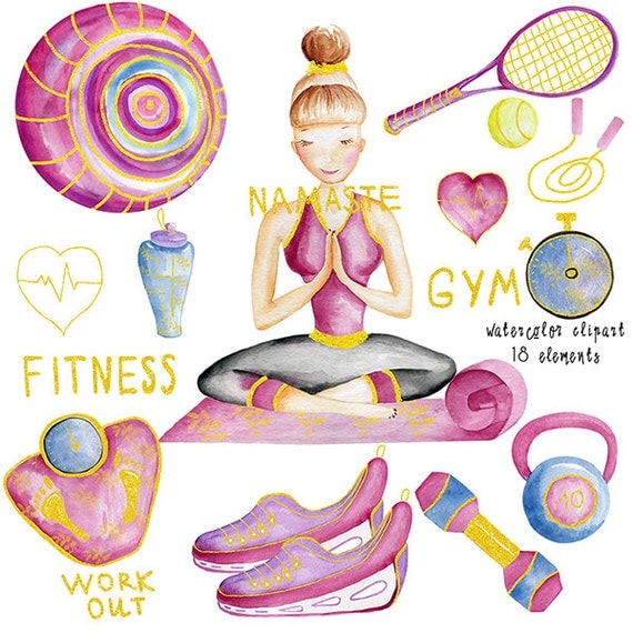 Watercolor fitness clipart with glitter instant download.