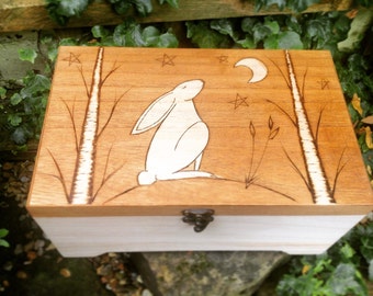 Large hare wooden box, personalised box, storage box, gifts for her, baptism gift, christening gift, wedding box, spiritual gift