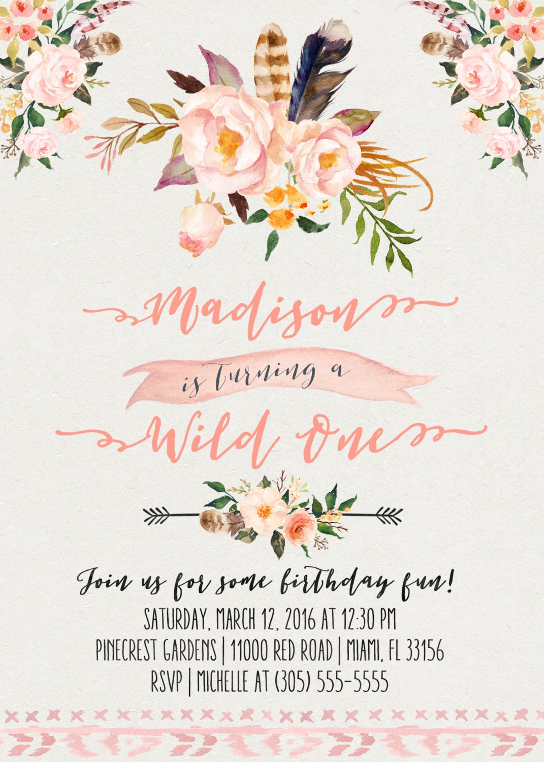 Wild One Birthday Invitation, Boho Birthday Invitation ...