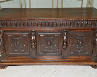 Antique French Trunk Renaissance Trunk Highly Carved Statuary Solid Walnut 19th Century #6543
